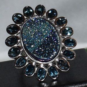 Drusy and London Blue Topaz Ring, Size 10